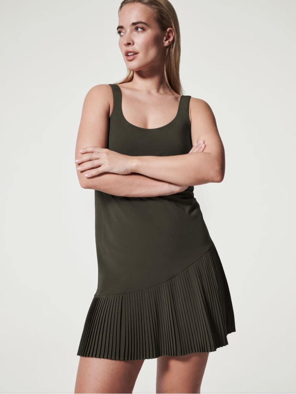 SPANX Dark Green Yes Pleats Activewear Dress with Scoop Neck Easy Shorts Large